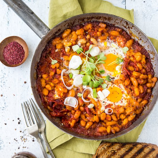 Harissa Spiced Beans with Eggs