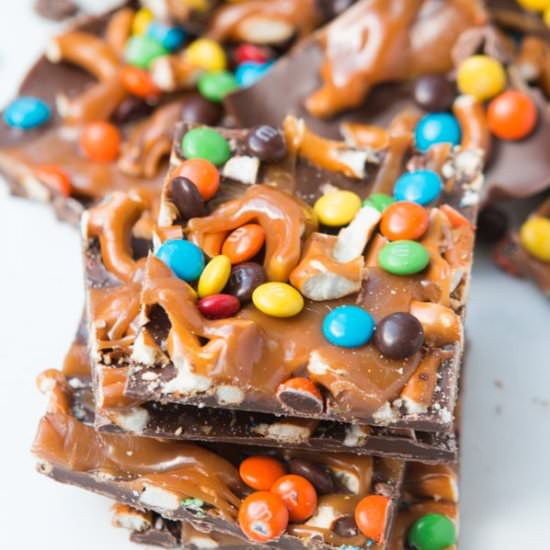 M&M Salted Caramel Pretzel Bark
