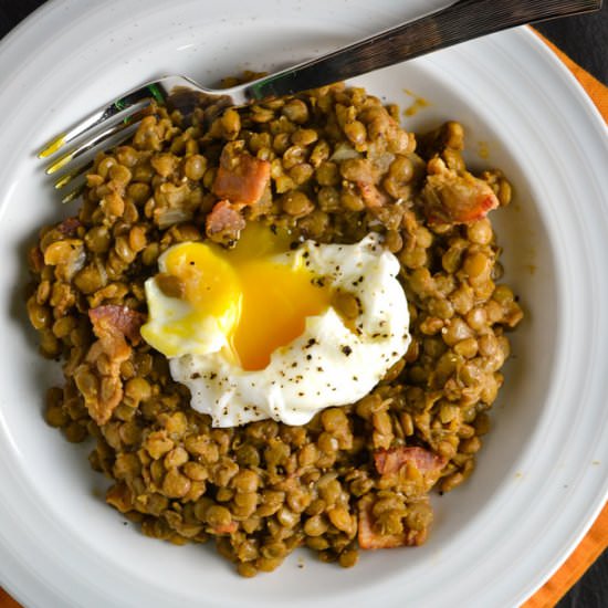 Lentils and Bacon with Poached Egg