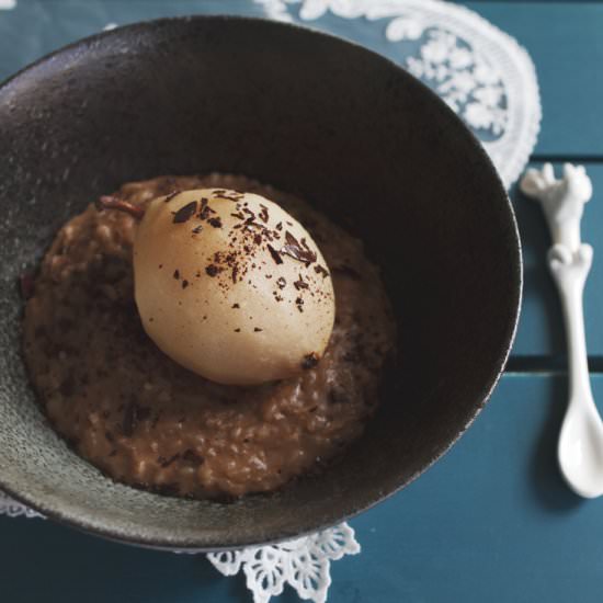 Spicy Poached Pear on Chocolate Rice