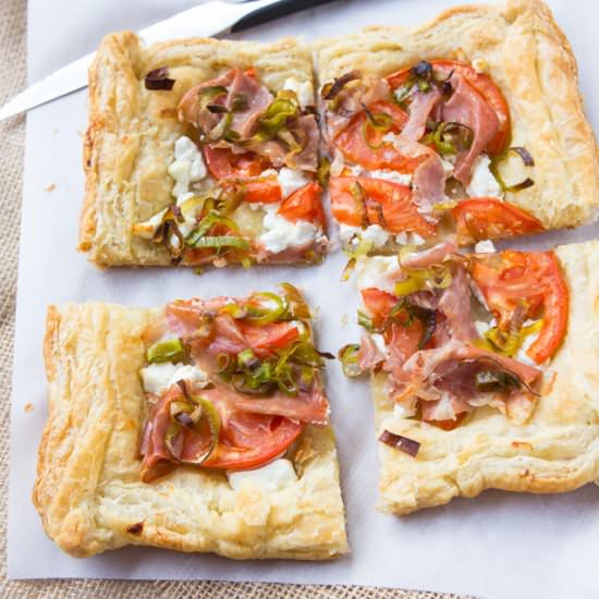 Leek, prosciutto and tomato tart