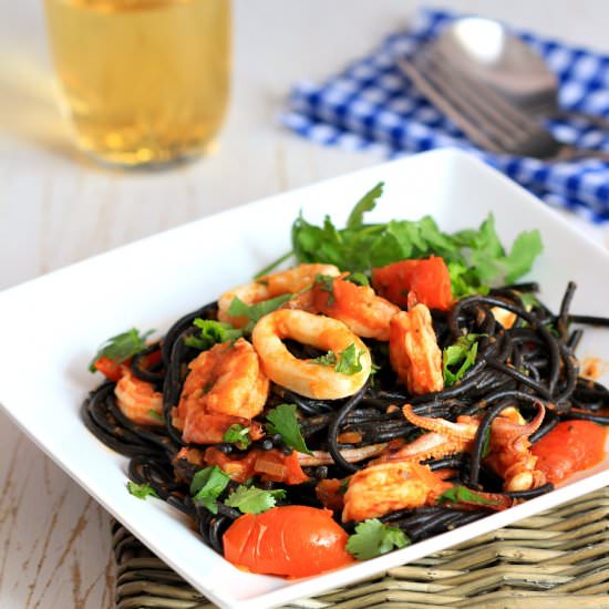 Seafood squid ink spaghetti