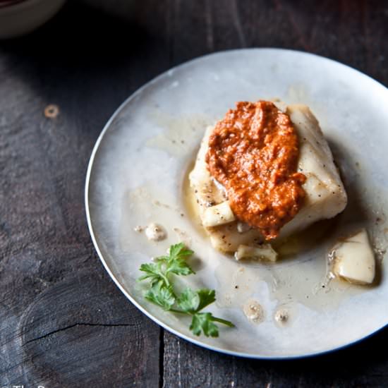 Garlic Beer Butter Cod with Romesco