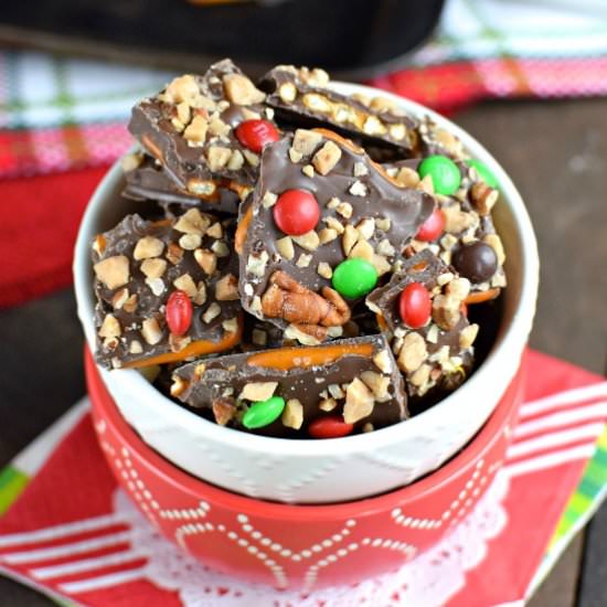 M&M Pecan Toffee Pretzel Bark