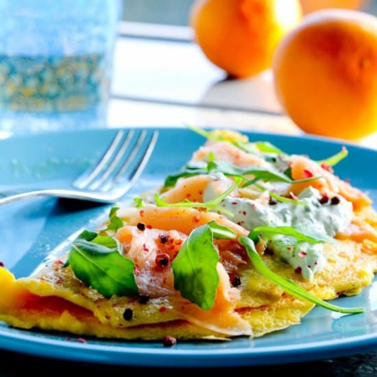 Salmon Omelette with Basil Sauce