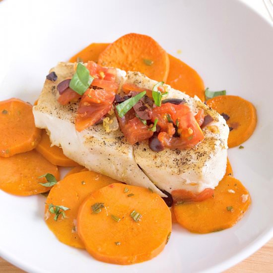 Baked Halibut with Sweet Potato