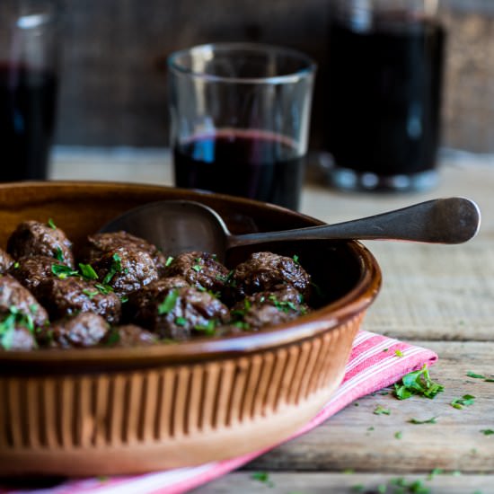 Ostrich Meatballs in Plum Sauce