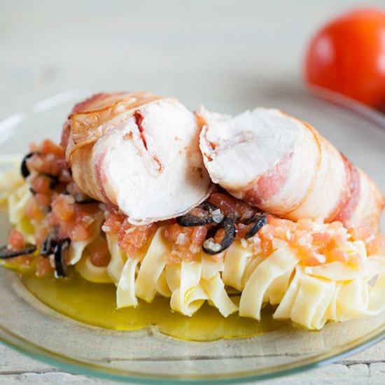 Pasta with bacon wrapped chicken