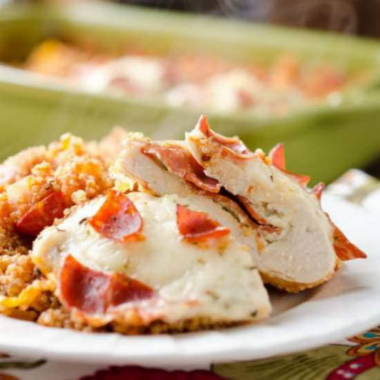 Pizza Stuffed Chicken Quinoa Bake