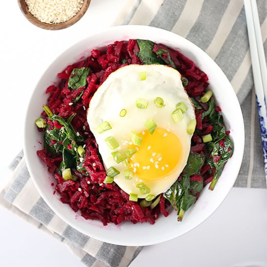 Miso Beet Rice with Spinach and Egg