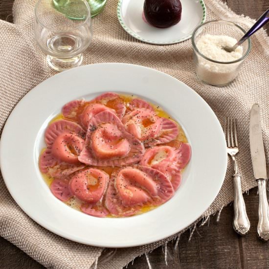 Beetroot Pasta Hearts w/Goat Cheese