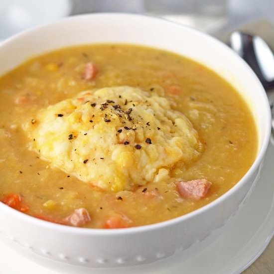 Pea Soup with Cheddar Dumplings