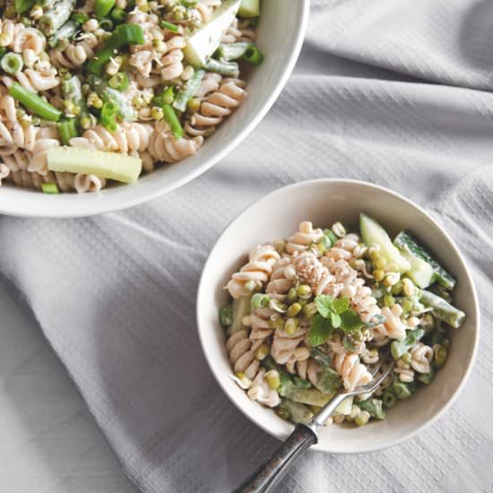 Pasta salad with tahini dressing