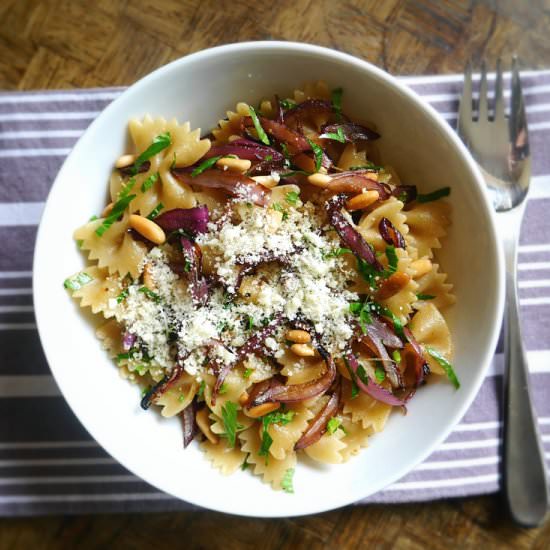Roasted Onions and Pine Nut Pasta