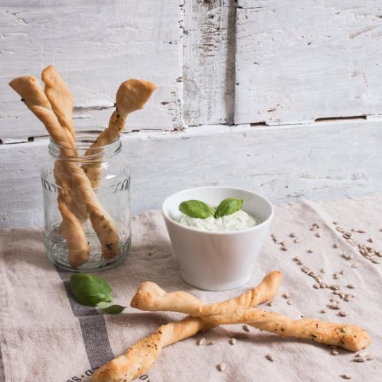 Pizza Dough Sticks & Pesto Dip