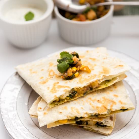 Chickpea Spinach Corn Quesadillas