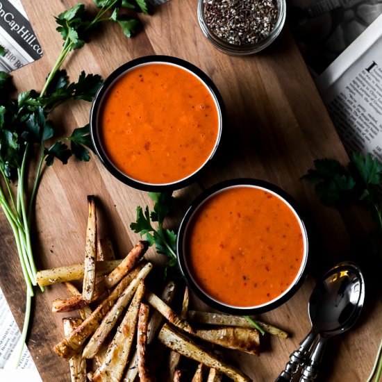 Harissa Tomato Soup + Parsnip Fries