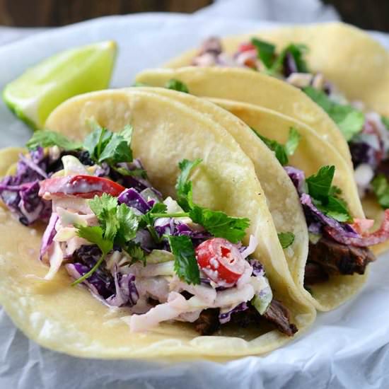 Skirt Steak Tacos w/ Jalapeno Slaw