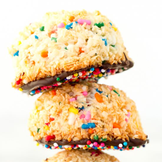 Chocolate Dipped Funfetti Macaroons