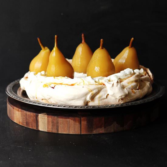Whiskey Poached Pear Pavlova