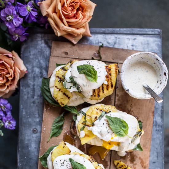 Grilled Pineapple Caprese Eggs Benedict
