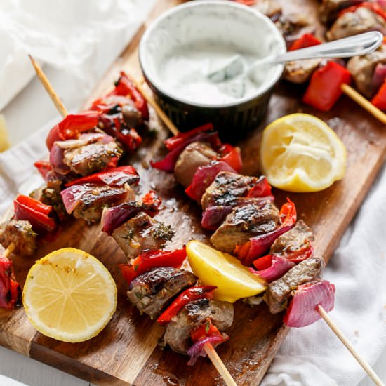 Greek Lamb Souvlaki with Yogurt Dip