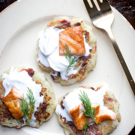 Potato Cakes, Bacon + Smoked Salmon