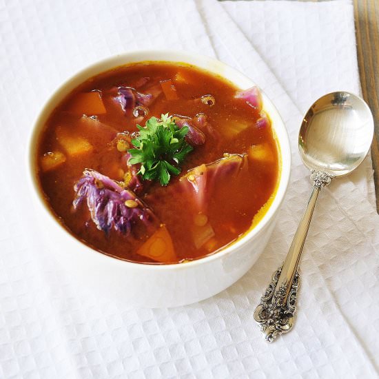 Red Cabbage and Green Lentil Soup