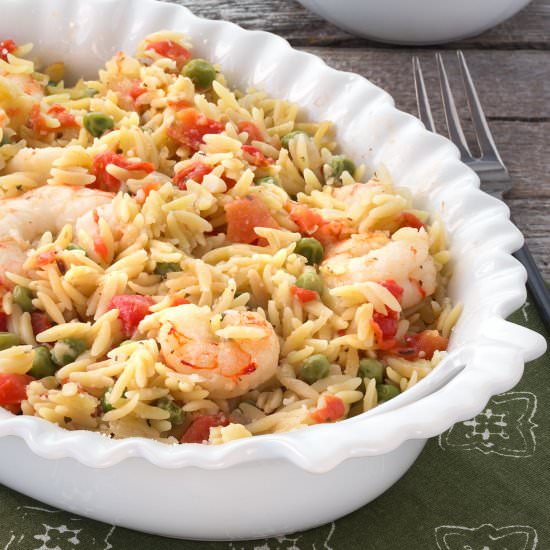 Lemon Orzo Shrimp Bake