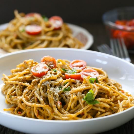 Spaghetti with kale walnut pesto