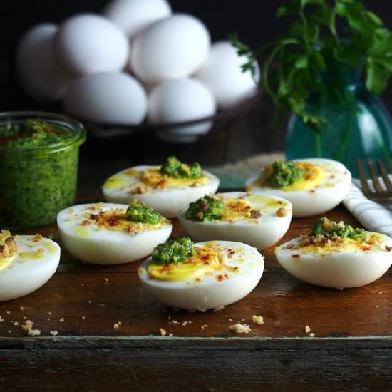Pesto on Eggs with Sugared Pecans