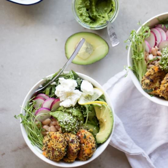 Quinoa Baby Cakes + Herbed Tahini