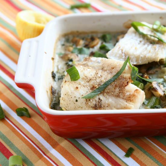 Baked Cod with Mushrooms and Kale