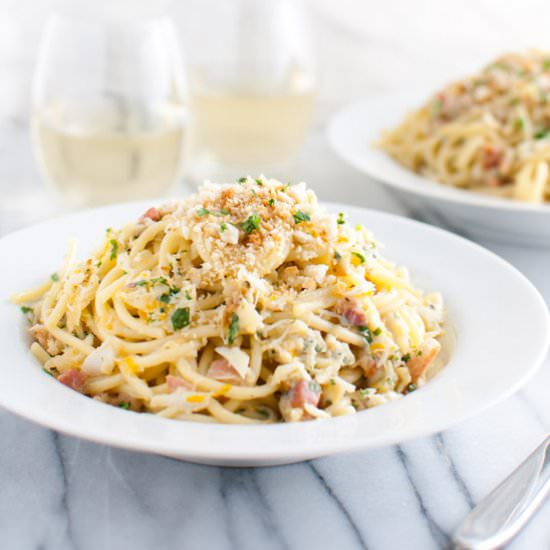 Spaghetti Carbonara with Crab