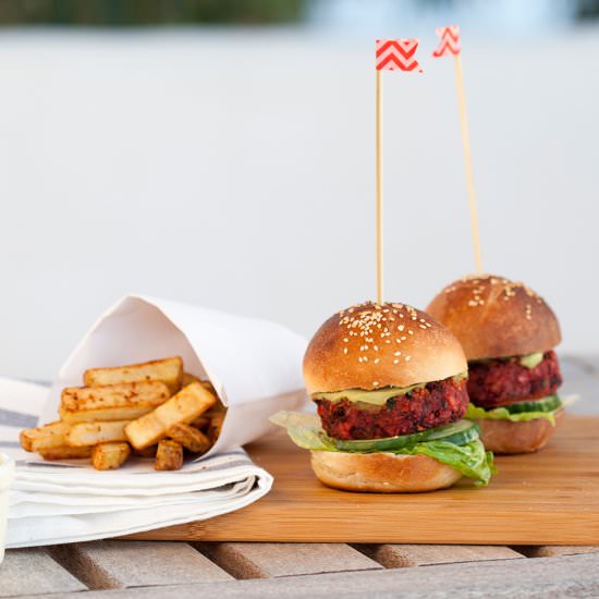 Beetroot sliders with handcut chips