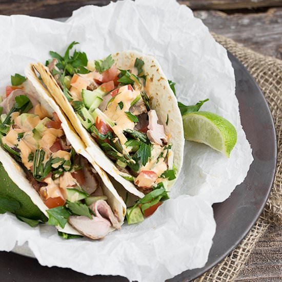 Asian Pork Tacos with Sriracha Mayo