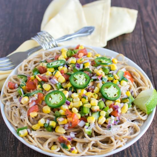 Almond Sauce Spaghetti & Corn Salsa