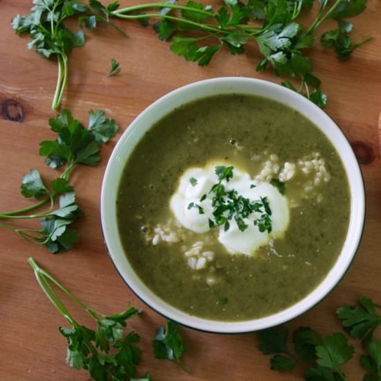 Greens, rice and yoghurt soup