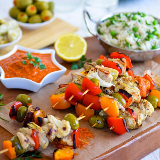 Grilled Chicken Kabobs with Romesco