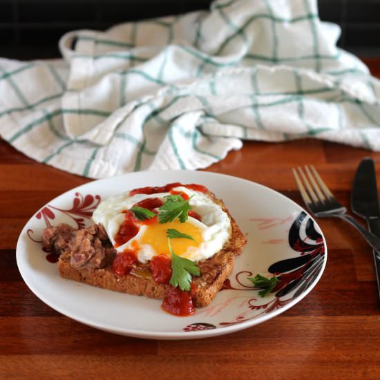 refried beans, egg, and salsa toast