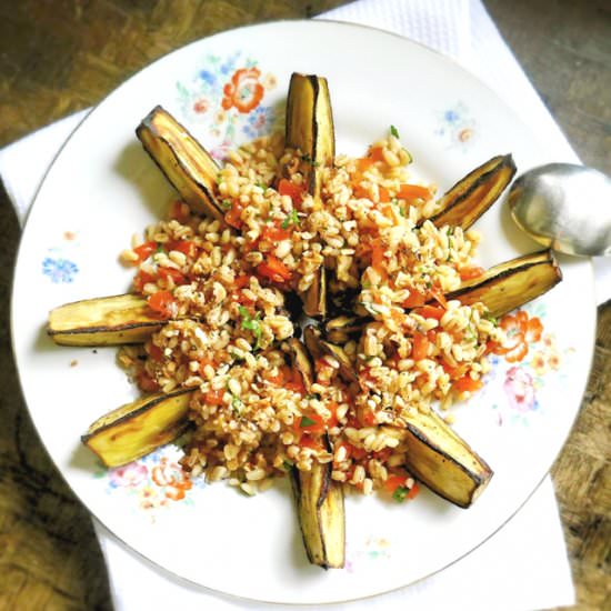 Aubergine wedges with Wheat Salad