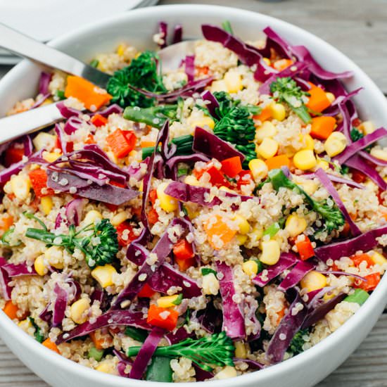 Crunchy Rainbow Quinoa with Tahini Ginger Dressing