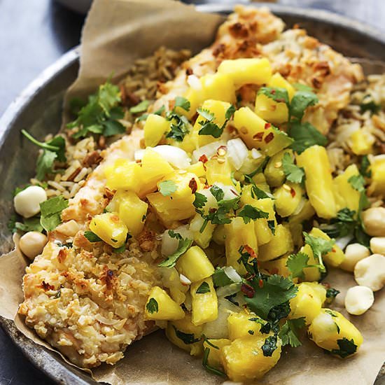 Macadamia Salmon w Pineapple Salsa