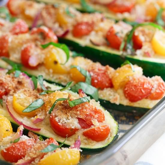 Bruschetta Hummus Stuffed Zucchini