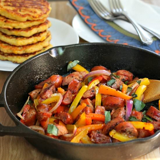 Peppers and Sausage with Corn Cakes