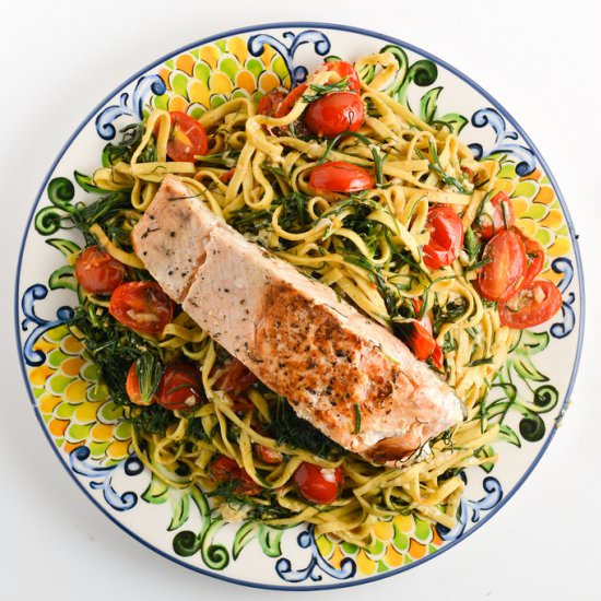 Salmon over Linguine with Agretti