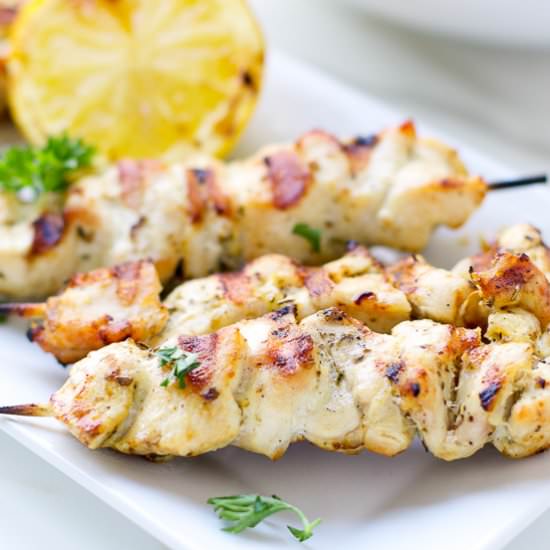 Chicken skewers with cabbage slaw