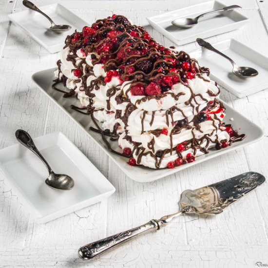 Berries and Chocolate Pavlova