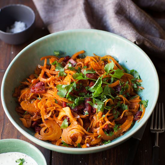 sweet potato noodles with chorizo