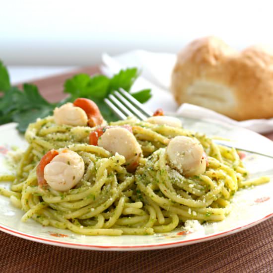Basil Pesto Pasta with Scallops
